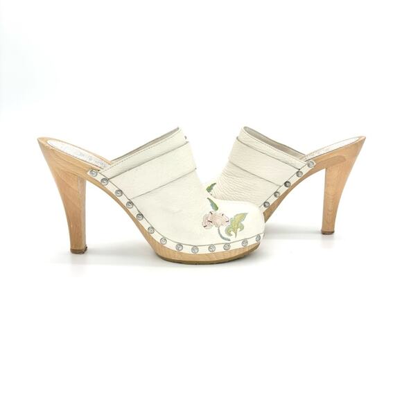 Vintage Dior Floral Embroidered White Leather Wooden Clogs 36.5 - Picture 3 of 7